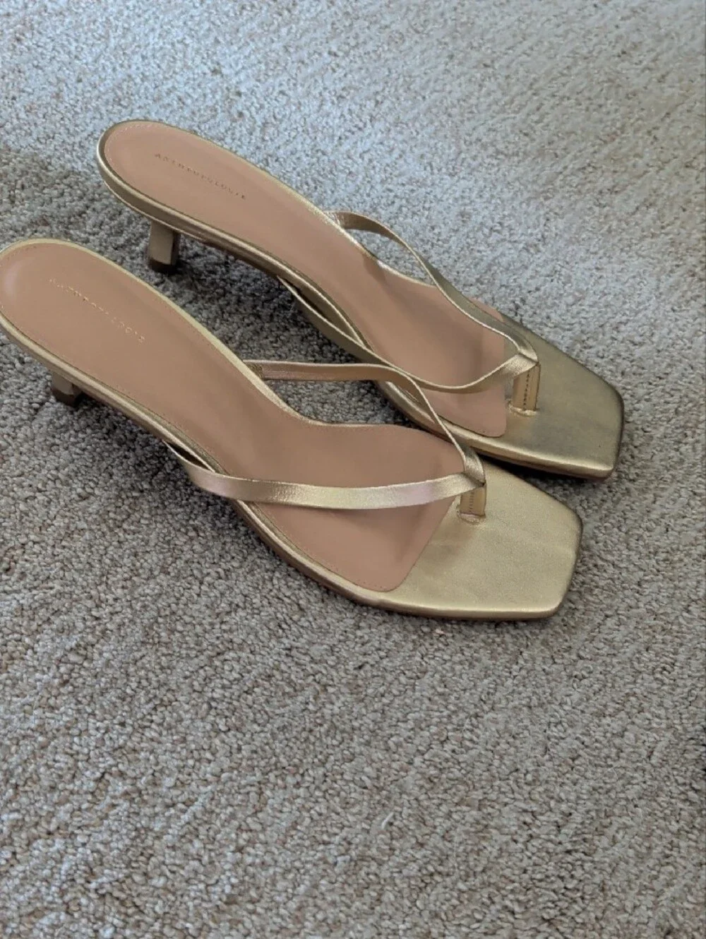 Gold Square-Toe Kitten Heel Thong Sandals